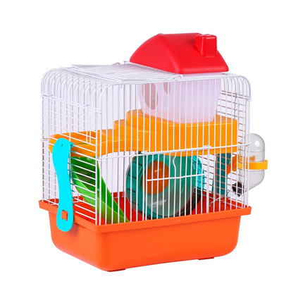 Jaula para hamster chalé de 2 plantas con escalera caseta rueda de ejercicio comedero bebedero 24.1x18.3x30.1cm