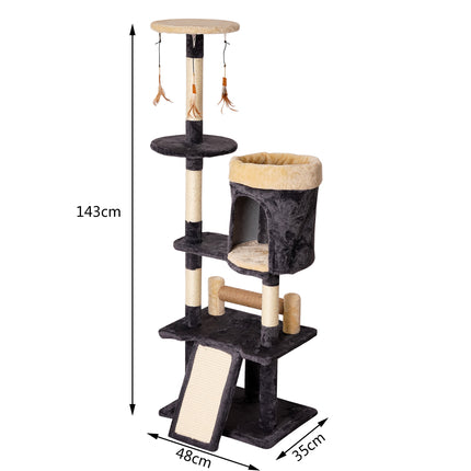 Árbol rascador para Gatos Torre Rascadora Altura de 5 Niveles con Plataformas Caseta Postes de Sisa Estable Seguro 48x35x143cm