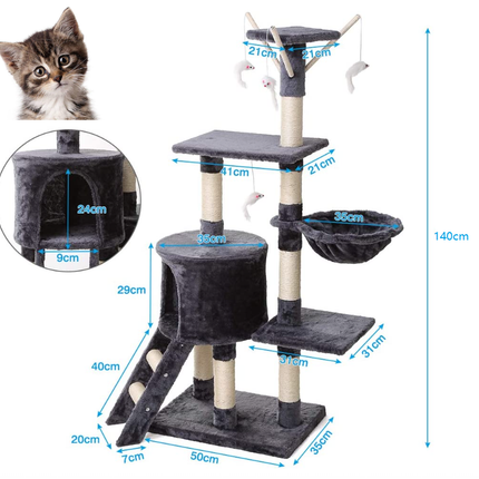 Árbol Rascador para Gatos Altura 140cm Torre de Juegos para Gatitos de 5 Niveles Juguete de Gatos de Sisal Natural con Nidos Caseta