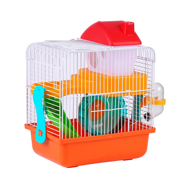 Jaula para hamster chalé de 2 plantas con escalera caseta rueda de ejercicio comedero bebedero 24.1x18.3x30.1cm