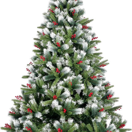 Árbol de Navidad artificial con nieves y bayas rojas y soporte plegable Metálico para decoración festiva abeto grande con bisagras