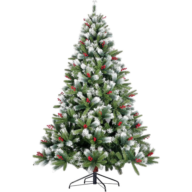 Árbol de Navidad artificial con nieves y bayas rojas y soporte plegable Metálico para decoración festiva abeto grande con bisagras