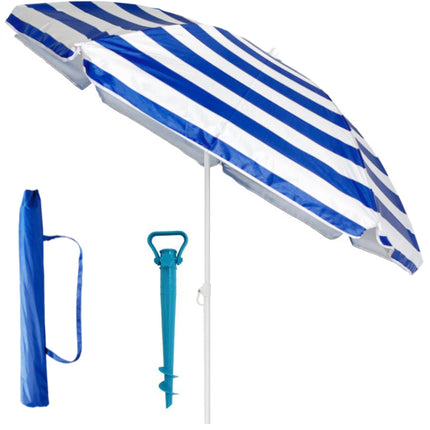 Pack de Sombrilla de Playa de 8 Varillas con Pincho de Soporte de Arena Protección Solar UPF+50 de Raya Azul Aluminio