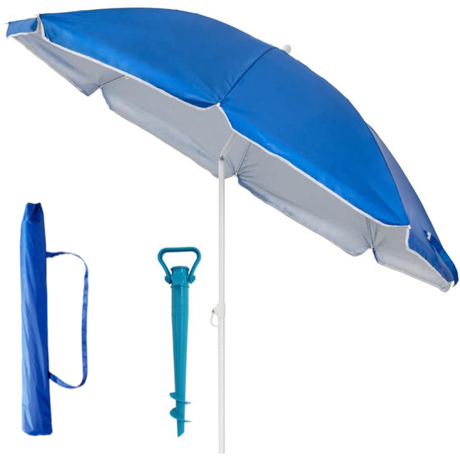 Pack de Sombrilla de Playa de 8 Varillas con Pincho de Soporte de Arena Protección Solar UPF+50 de Azul Aluminio