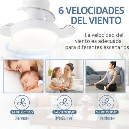 Ventilador de Techo con Luz Pequeño Motor DC Ultra Silencioso, 6 Velocidades, 3 Colores  60cm