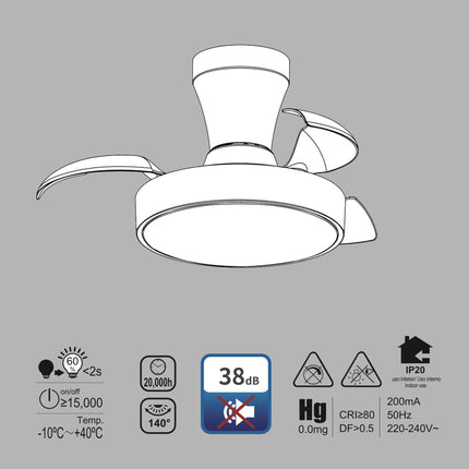 Ventilador de Techo con Luz Pequeño Motor DC Ultra Silencioso, 6 Velocidades, 3 Colores  60cm