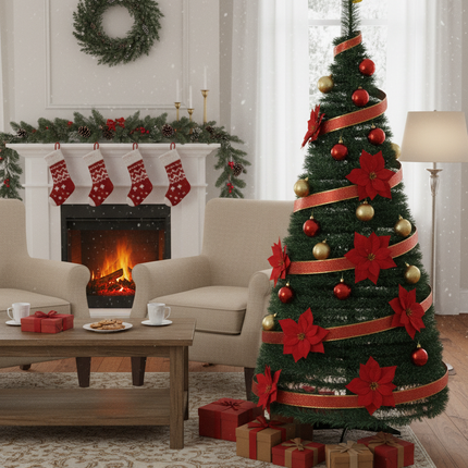 Árbol de Navidad Plegable y Retráctil - Fácil de Montar - Adornos Incluidos