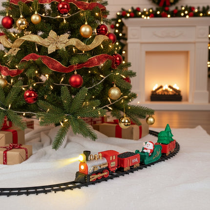Tren Navidad Decoración Arbol con Luces y Sonidos Conjunto Navideño de Vías, Locomotora y 3 Vagones Tren Decoración de Árbol de Navidad