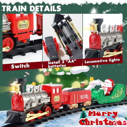 Tren Navidad Decoración Arbol con Luces y Sonidos Conjunto Navideño de Vías, Locomotora y 3 Vagones Tren Decoración de Árbol de Navidad