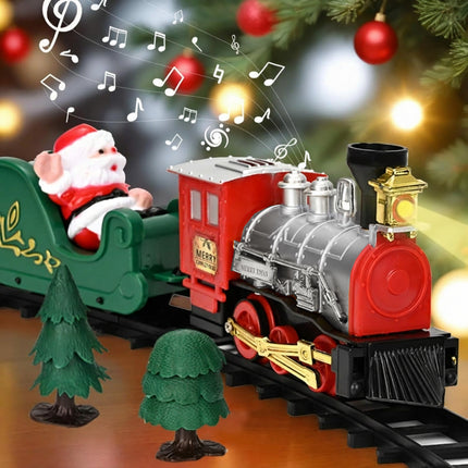 Tren Navidad Decoración Arbol con Luces y Sonidos Conjunto Navideño de Vías, Locomotora y 3 Vagones Tren Decoración de Árbol de Navidad