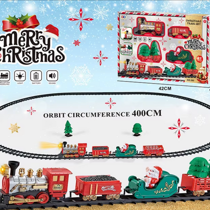Tren Navidad Decoración Arbol con Luces y Sonidos Conjunto Navideño de Vías, Locomotora y 3 Vagones Tren Decoración de Árbol de Navidad