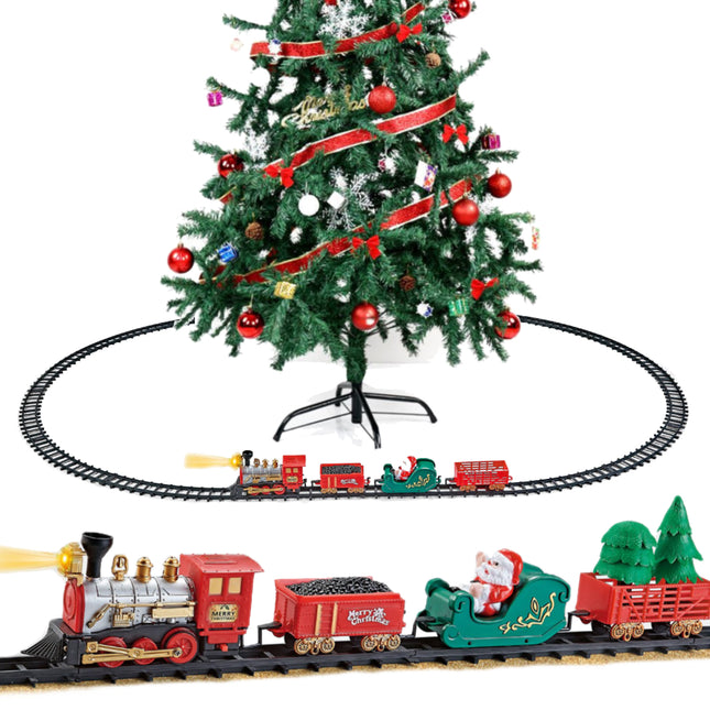 Tren Navidad Decoración Arbol con Luces y Sonidos Conjunto Navideño de Vías, Locomotora y 3 Vagones Tren Decoración de Árbol de Navidad