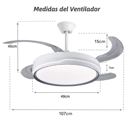 Ventilador de Techo con Luz LED 70W, Control Remoto, 107cm, 6 Velocidades, Temporizador, 3 Tonos de Luz (3000K/4200K/6500K), Función Reversible, Silencioso