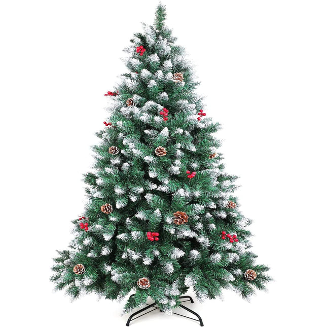Árbol de Navidad Artificial Pino Nevado Decorados y Bayas Rojas Pino Blanco Natural para Decoraciones Fiestas de Navidad