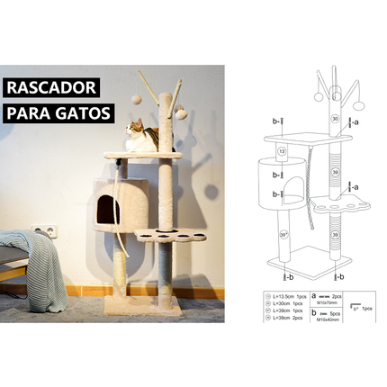 Torre de Juegos para Gatos Árboles Rascador para Gatitos Plataformas Caseta Escalada Felpa Jueguete de Bola Duradero 39x39x129cm