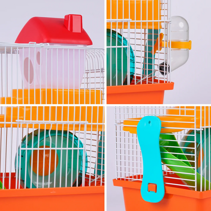 Jaula para hamster chalé de 2 plantas con escalera caseta rueda de ejercicio comedero bebedero 24.1x18.3x30.1cm
