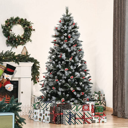 Árbol de Navidad Artificial Pino Nevado Decorados y Bayas Rojas Pino Blanco Natural para Decoraciones Fiestas de Navidad