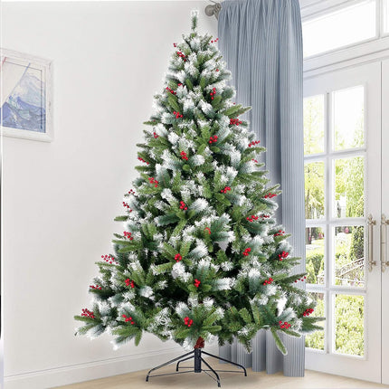 Árbol de Navidad artificial con nieves y bayas rojas y soporte plegable Metálico para decoración festiva abeto grande con bisagras