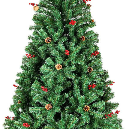 Árbol de Navidad Artificial, Puntas Verdes de Abeto, Bayas Rojas y Conos de Pino, Soporte de Metal 120m-210m