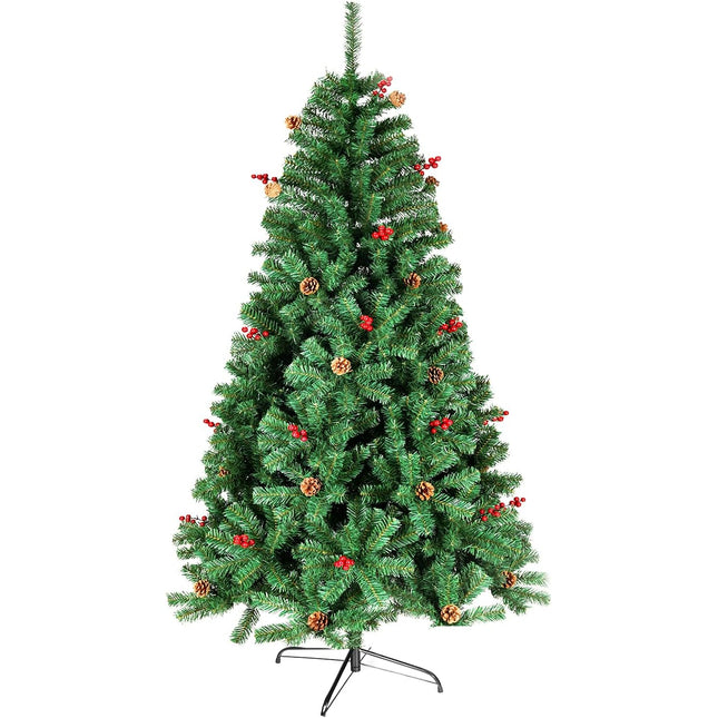 Árbol de Navidad Artificial, Puntas Verdes de Abeto, Bayas Rojas y Conos de Pino, Soporte de Metal 120m-210m