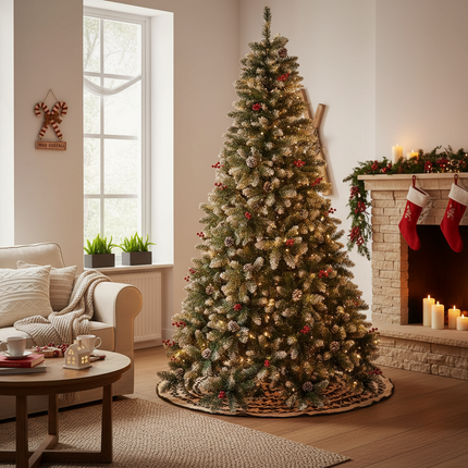 Árbol de Navidad Pino Nevado con Adorno de Piña Frutos Rojos y Nieve 150cm 180cm 210cm 240cm