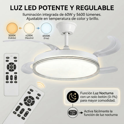 Ventilador de Techo con Luz LED 60W y Motor DC Ultra Silencioso, Ventilador de 107cm con 6 Velocidades, Control Remoto, Temporizador y Temperatura de Luz Ajustable (3000K-6500K)