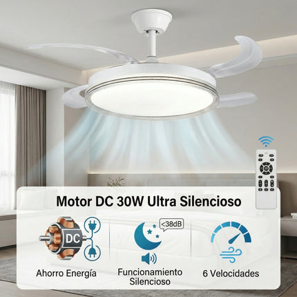 Ventilador de Techo con Luz LED 60W y Motor DC Ultra Silencioso, Ventilador de 107cm con 6 Velocidades, Control Remoto, Temporizador y Temperatura de Luz Ajustable (3000K-6500K)