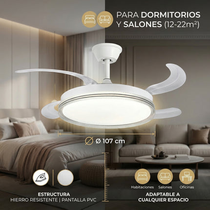 Ventilador de Techo con Luz LED 60W y Motor DC Ultra Silencioso, Ventilador de 107cm con 6 Velocidades, Control Remoto, Temporizador y Temperatura de Luz Ajustable (3000K-6500K)