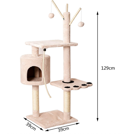 Torre de Juegos para Gatos Árboles Rascador para Gatitos Plataformas Caseta Escalada Felpa Jueguete de Bola Duradero 39x39x129cm