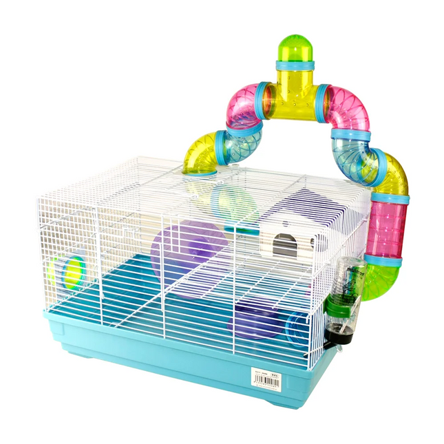 Jaula para Hámster Chale de 2 Plantas para Roedores Túnel Especial Caseta Comedero Bebedero 45.5x31.5x27cm