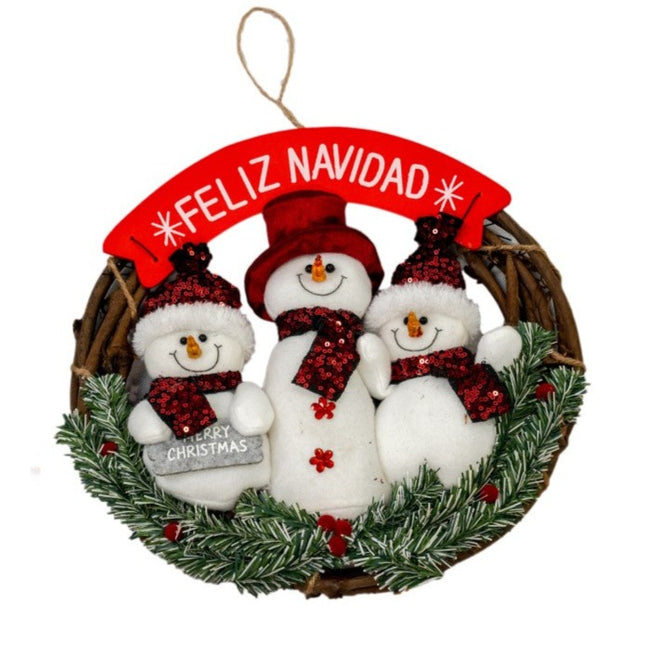 Guirnalda de Navidad de Muñeco de Nieve, Corona Navideña de Ratán, Corona Navideña para Puertas