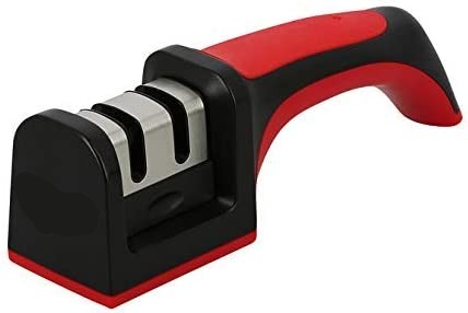 Afilador de Cuchillos Manual, Rodillos de Cerámica y Carburo, Diseño Ergonómico en Rojo y Negro