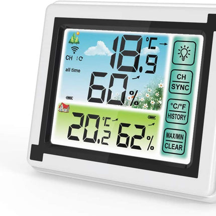 Monitor de temperatura y humedad inalámbrico de gran pantalla para interior y exterior con reloj y medidor de agua