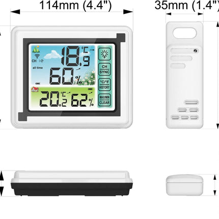 Monitor de temperatura y humedad inalámbrico de gran pantalla para interior y exterior con reloj y medidor de agua