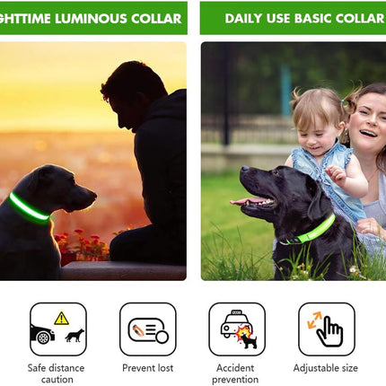 Collar Luminoso Perro de Mascota, 3 Modos Collar Perro Luz con Recargable y Impermeable, Ajustable Collares LED para Perros Pequeños/Medianos/Grandes(Verde