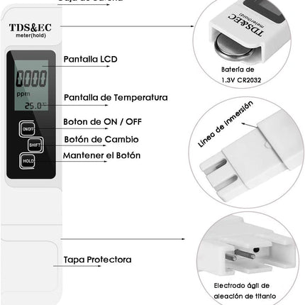 Medidor de Calidad del Agua 3 en 1 TDS EC con Pluma de Prueba de Temperatura - Portátil y Preciso para Acuarios, Piscinas y Más
